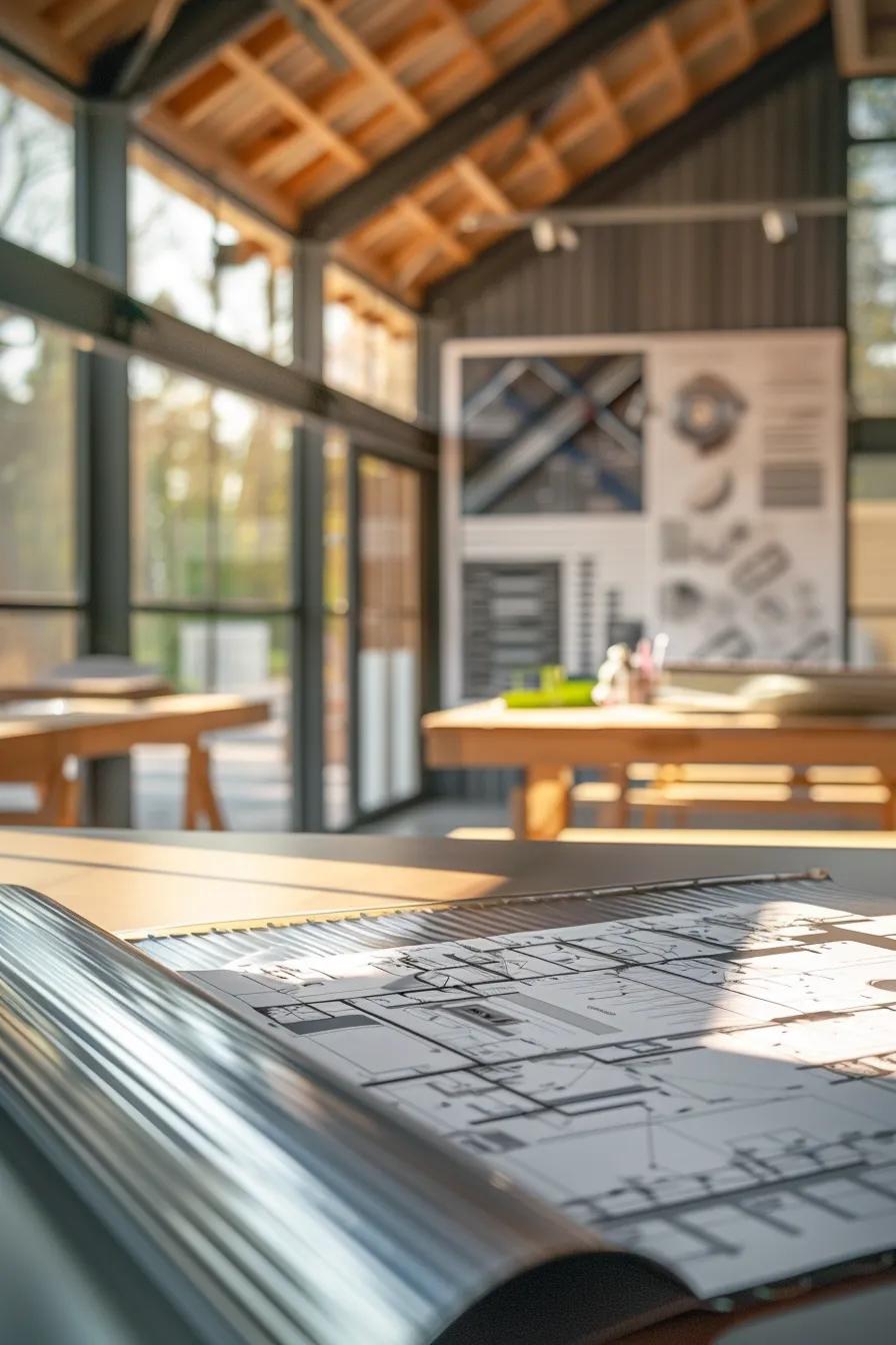 a modern office setting showcases a sleek metal roofing sample display, highlighting the premium quality and durability of metal roof repair materials against a backdrop of architectural blueprints and cost estimation charts, emphasizing long-term savings and investment value.