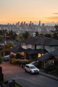 a modern urban street scene showcasing a diverse group of homeowners consulting with a professional roofing contractor beside a clearly displayed repair service vehicle, all under the backdrop of an appealing city skyline during golden hour.