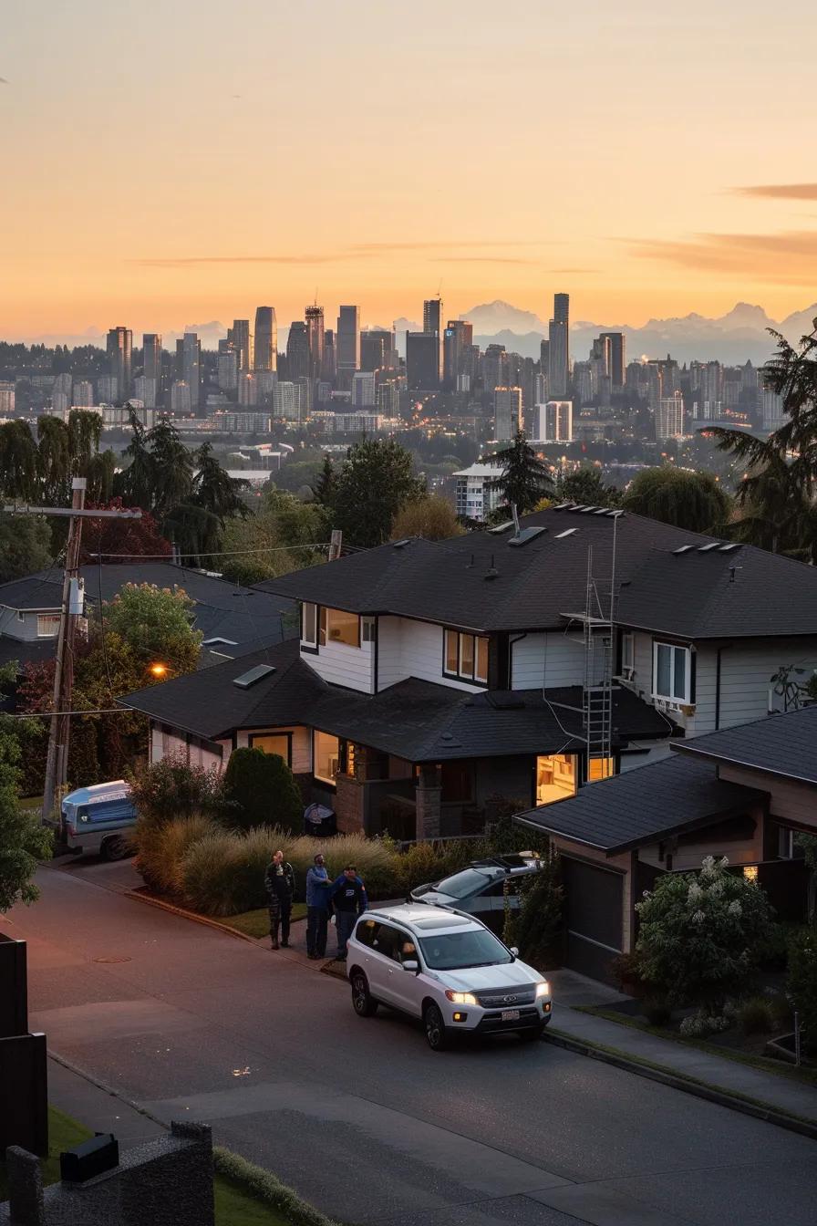 a modern urban street scene showcasing a diverse group of homeowners consulting with a professional roofing contractor beside a clearly displayed repair service vehicle, all under the backdrop of an appealing city skyline during golden hour.