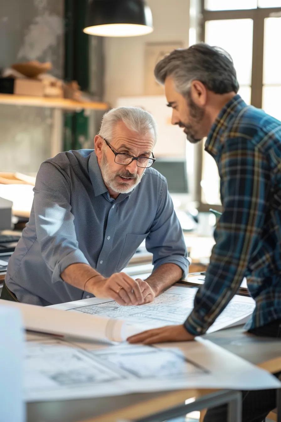 a professional contractor confidently explains a detailed roof repair estimate to a homeowner in a well-lit office, surrounded by blueprints and samples, conveying a sense of trust and clarity.