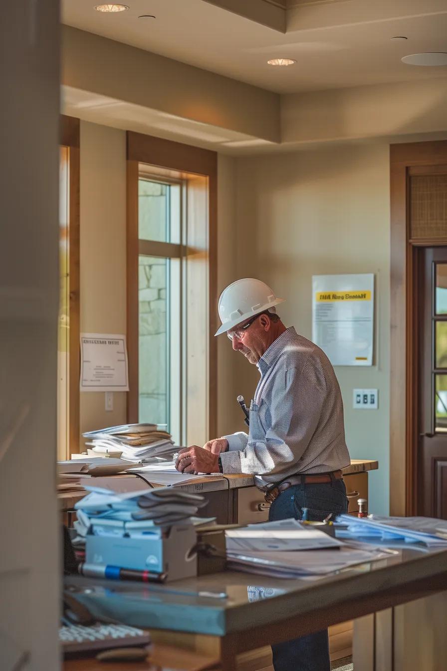 a professional contractor's office, featuring a well-organized desk with client referral documents and trusted directory printouts prominently displayed, while a confident contractor engages with satisfied clients discussing their successful roofing projects.