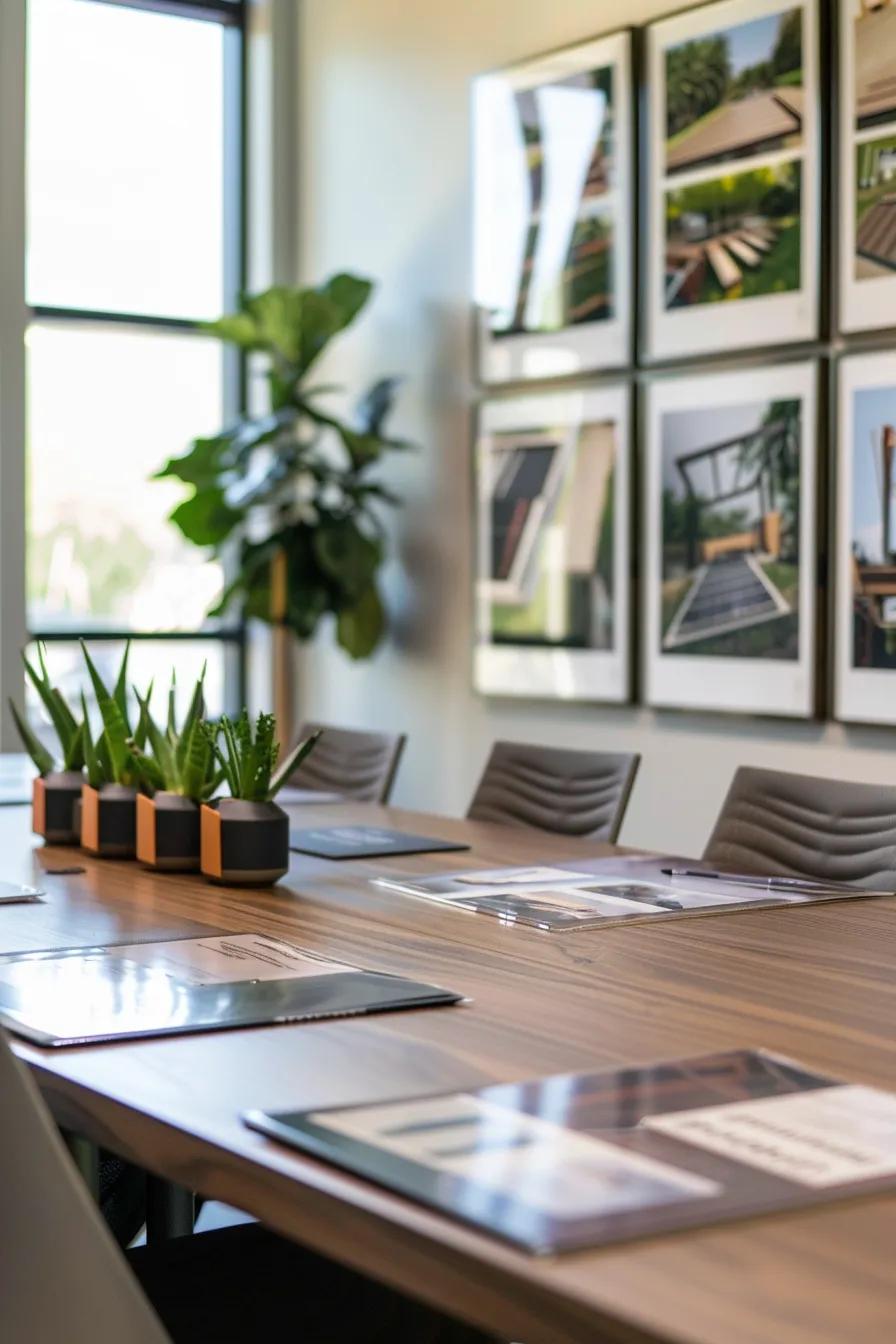 a professional office environment showcases a clear, detailed portfolio display on a modern conference table, featuring high-quality photographs of roofing projects and case studies, accentuating the meticulous craftsmanship and specialization of the contractors.