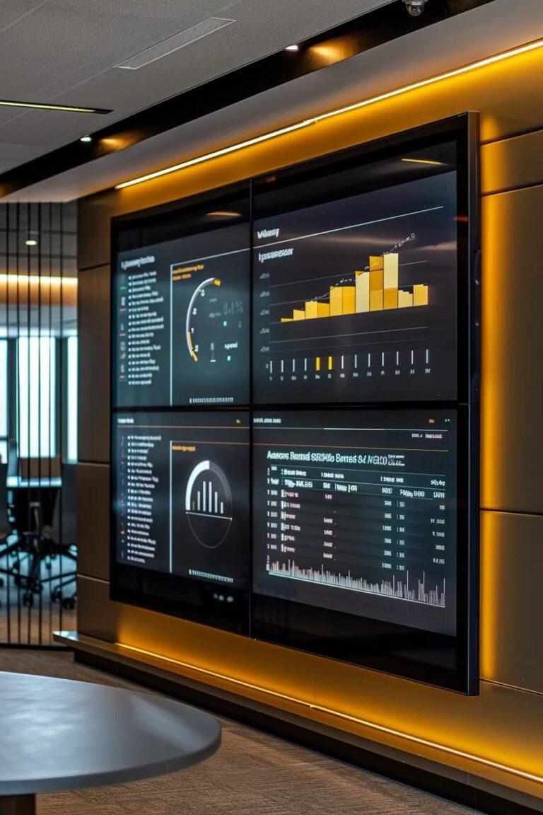 a sleek, modern office space showcases a large digital screen displaying a detailed infographic on roof repair budgeting strategies, with sharp lighting highlighting the professional atmosphere and a strategic layout of elegant furniture.