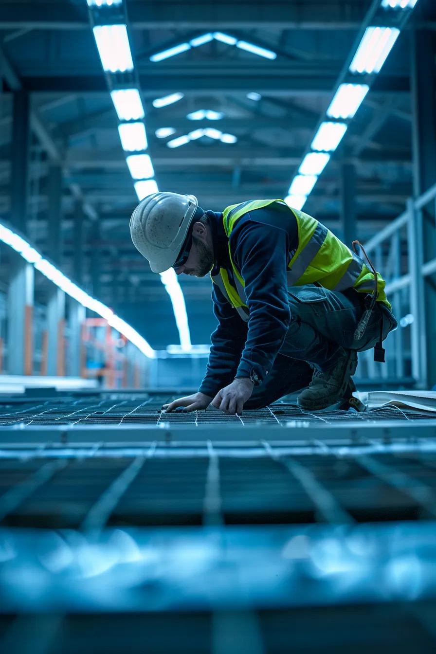 a detailed architectural inspection scene captures trained professionals methodically assessing a roof's substrate with advanced tools, illuminated by soft, diffused indoor lighting that emphasizes the clean palette of blues and whites.