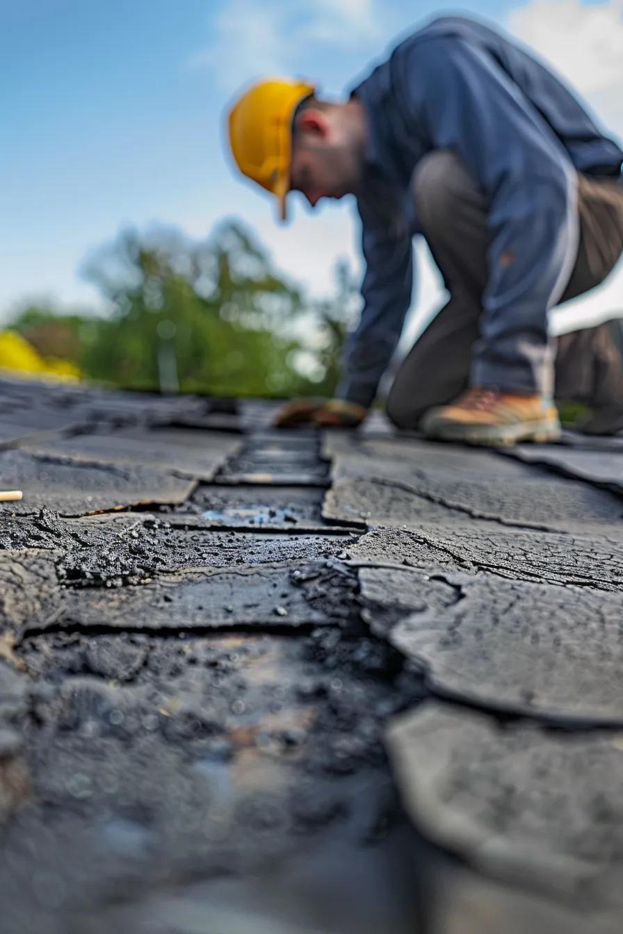 a close-up view of a professional inspecting a damaged roof with various roofing materials laid out, set against a clean, modern urban backdrop, bathed in soft, neutral tones to emphasize the intricacies of repair factors.