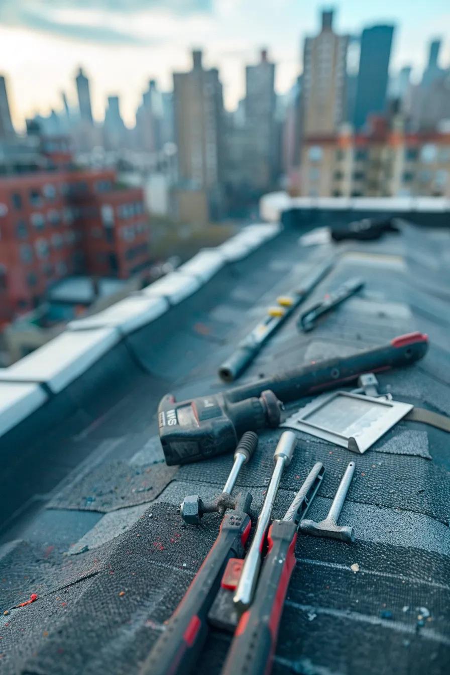 a detailed architectural scene showcases a modern urban roof under inspection, featuring sleek professional tools and repair materials set against a backdrop of a bustling city skyline, all captured in soft natural light with a clean color palette of blues and whites to emphasize clarity and precision.
