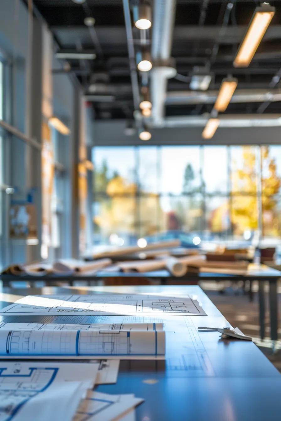 a modern office space featuring blueprints and material samples for durable roofing options, illuminated by soft natural lighting, showcasing a clean color palette of blues and whites with a crisp focus on the intricate details of materials and installation components.