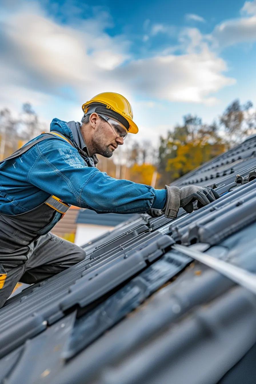 a skilled roofer inspects a modern home roof with advanced tools, surrounded by safety equipment and clear signage, showcased in a crisp, photorealistic architectural style with a clean color palette of blues and whites, emphasizing professionalism and quality.