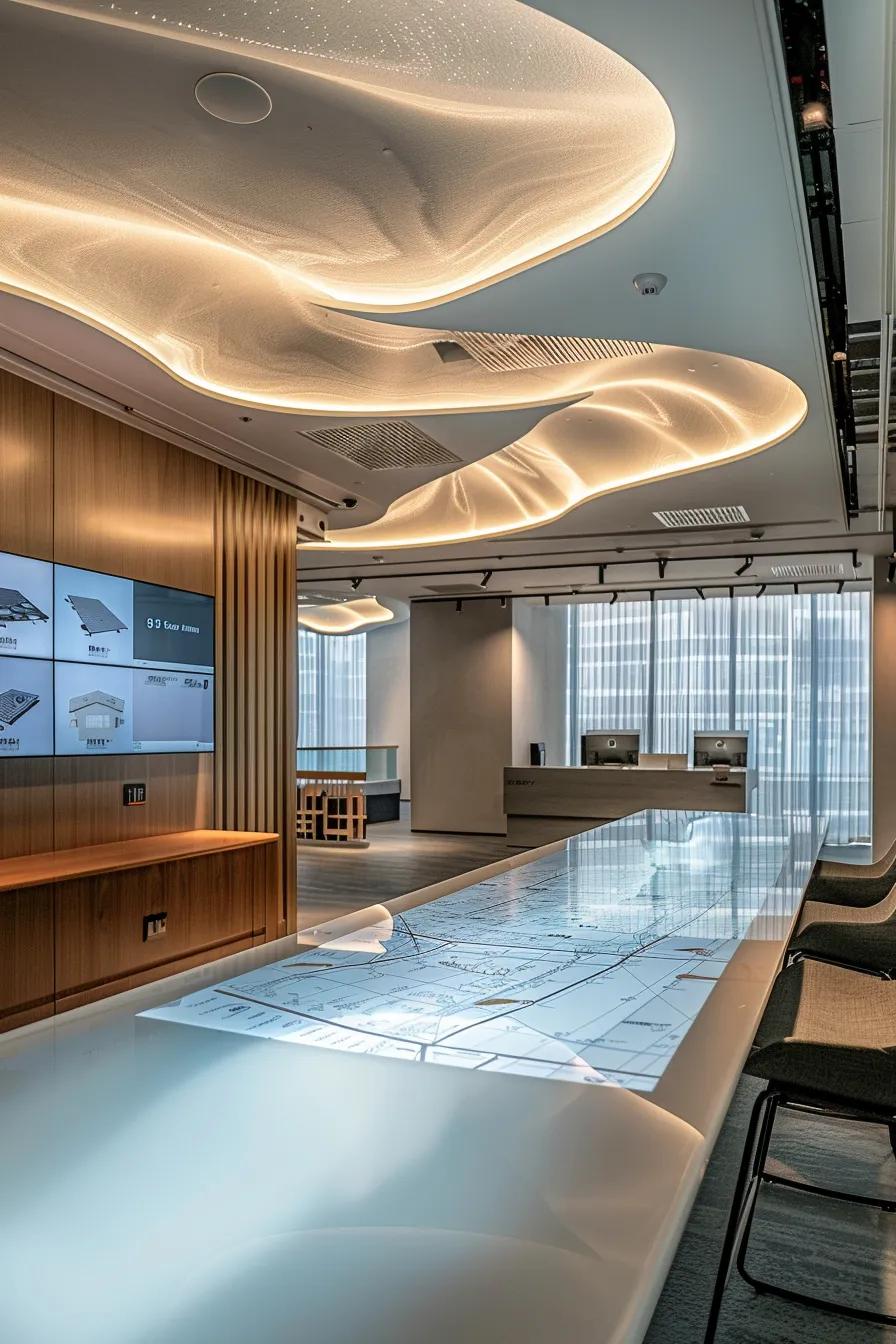 a sleek, modern office space showcases an interactive digital display detailing roof repair costs, surrounded by architectural blueprints and neutral-toned decor, illuminated by soft artificial lighting, emphasizing clarity and precision in the topic.