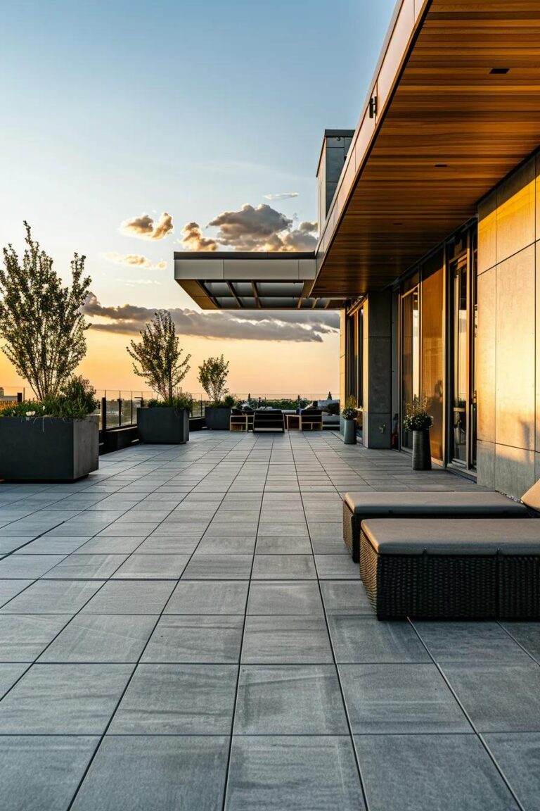 a sleek, modern rooftop showcasing various durable roofing materials, with a professional architectural style and a soft, neutral color palette highlighting textures in a clean, crisp urban setting.