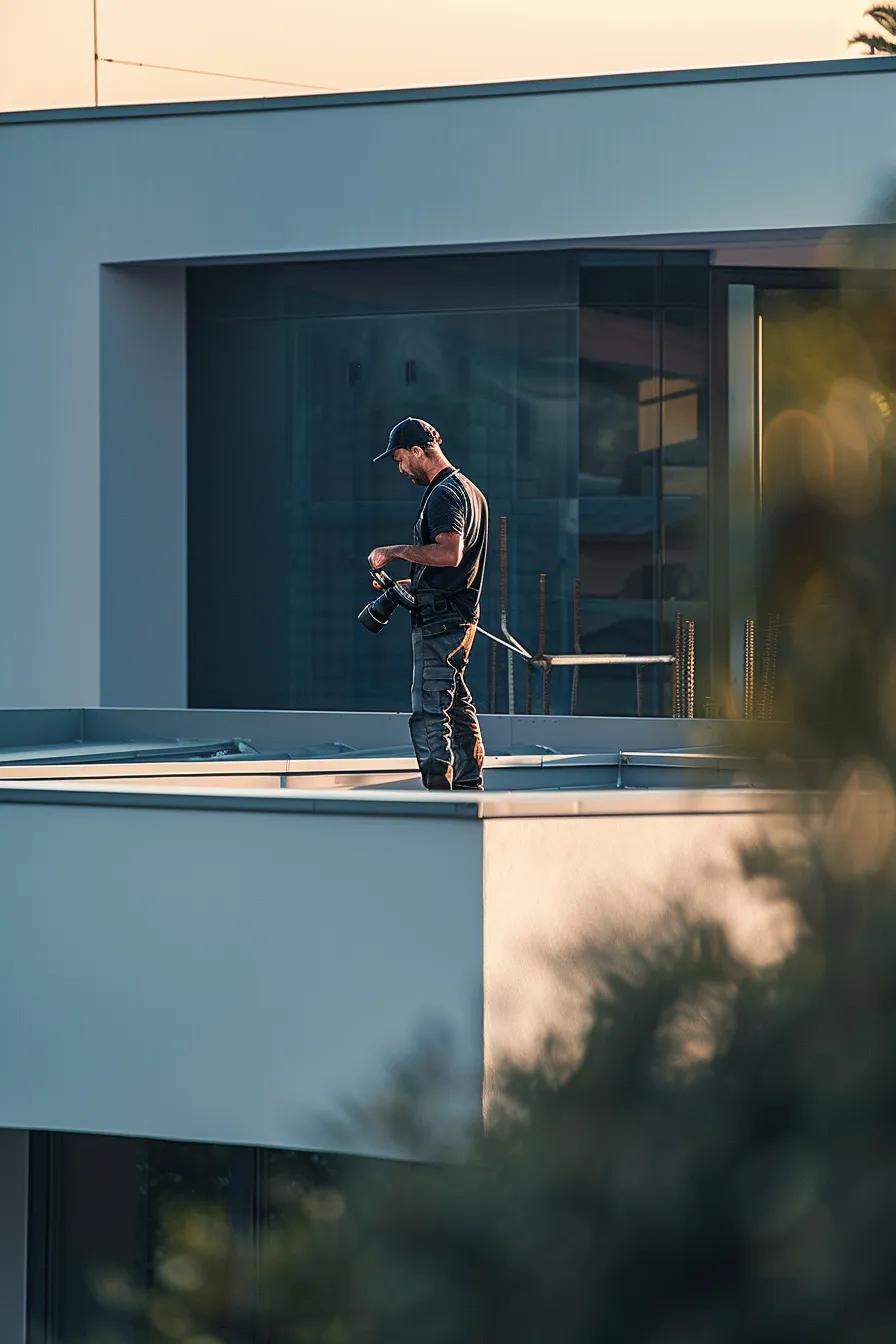 a sleek, modern rooftop under soft natural lighting showcases a professional contractor inspecting shingle replacements and gutter maintenance, set against a clean architectural background in a palette of blues and whites.
