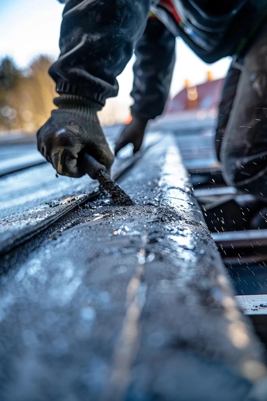 a close-up of a professional roofer meticulously applying a high-performance synthetic membrane to a weathered roof section, highlighting the precision and quality of materials in a well-lit urban environment.