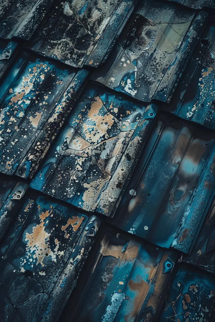 a detailed architectural view of a building's roof showcasing visible signs of wear and damage, captured in crisp focus with a clean color palette of blues, whites, and neutrals, illuminated by soft, directional lighting to highlight the textures and features of the roofing materials.