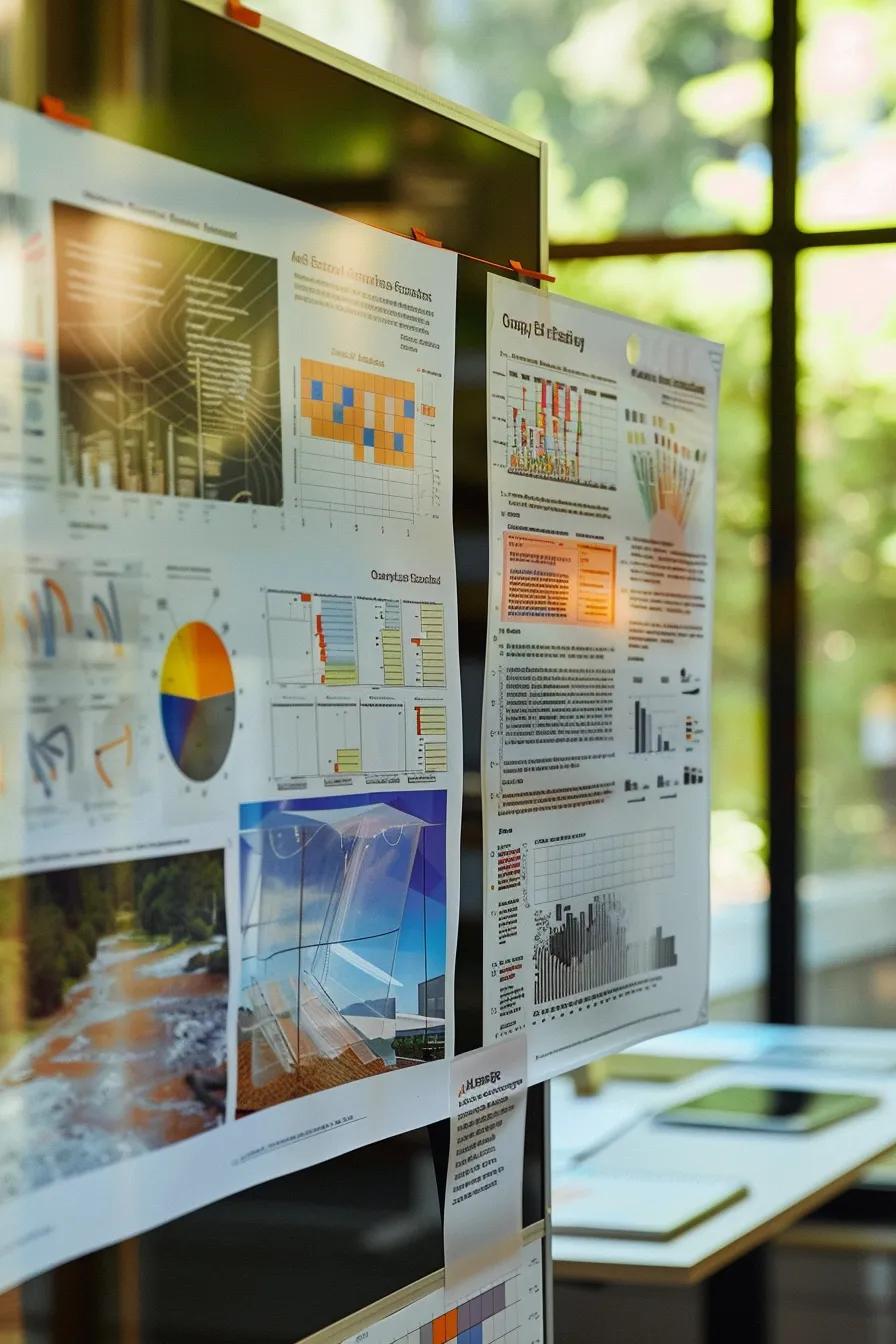 a detailed office workspace displays a sleek presentation board featuring comparative charts and visuals of various roof repair materials, emphasizing their strengths and applications under professional lighting.