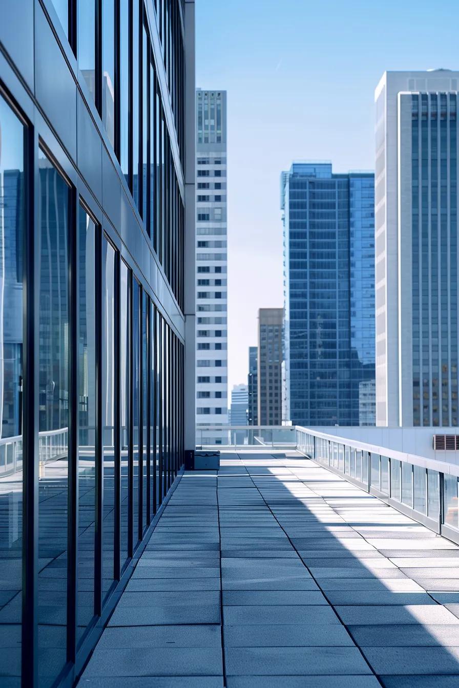 a high-detail architectural view of a well-maintained commercial roof with visible repair features, set against a clean urban skyline, showcasing a professional environment with a soft color palette of blues and whites, emphasizing the importance of routine maintenance in prolonging roof integrity.