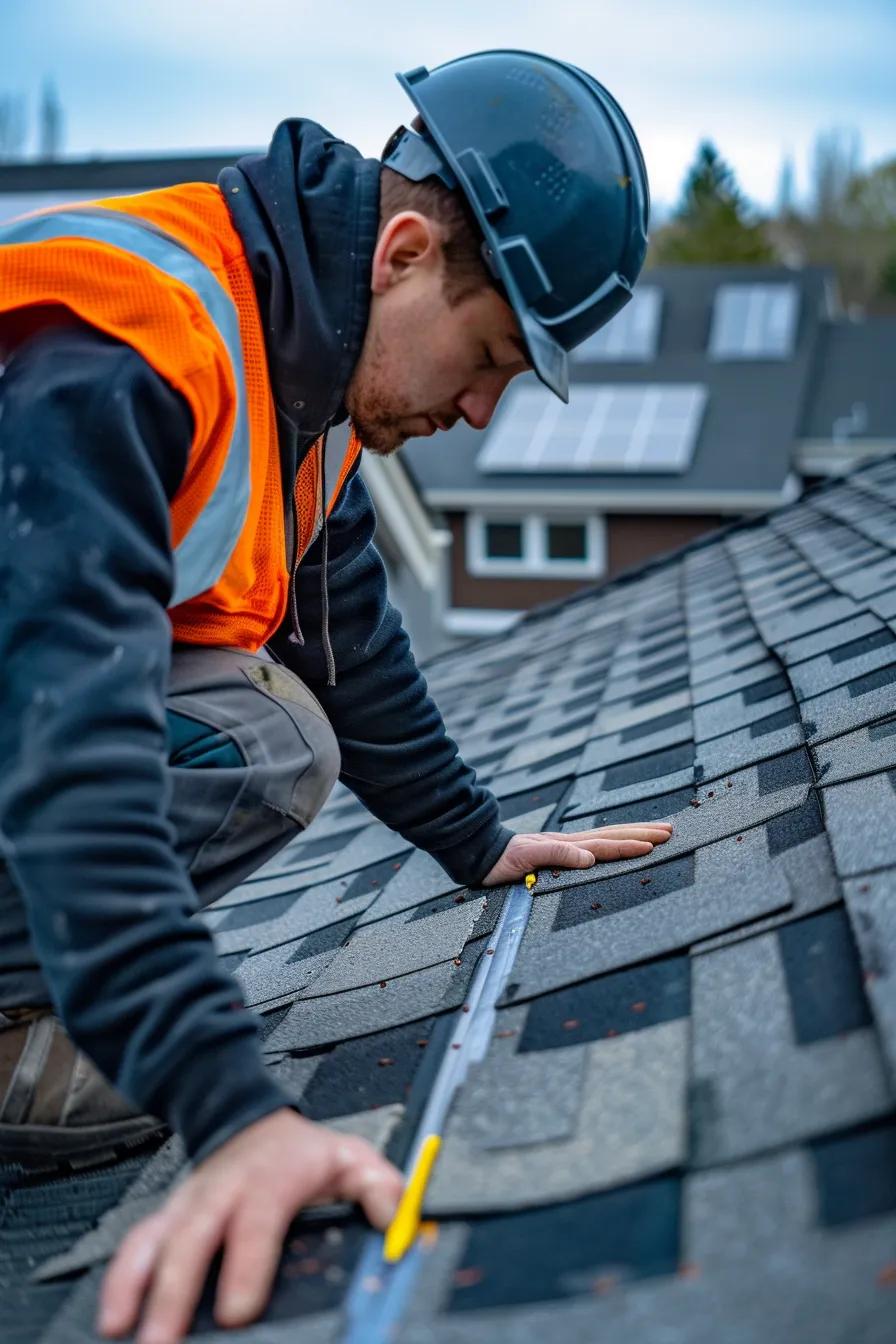 a skilled roofing contractor inspects a sturdy roof, meticulously assessing areas with newly applied leak sealants and replaced shingles, highlighting the precision and care in tailored repair solutions amidst an urban setting.