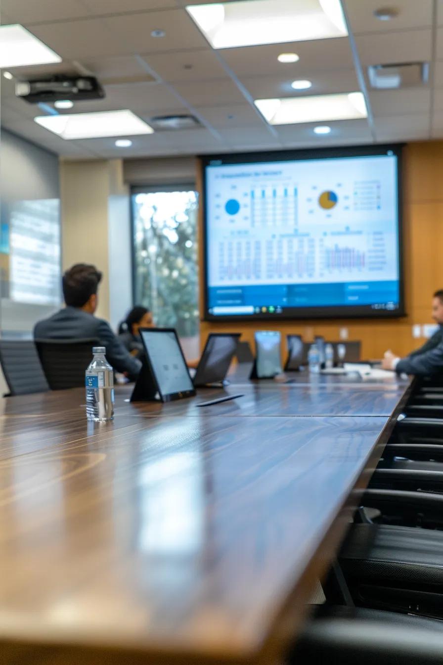 a sleek, modern office conference room features a large display screen showing a detailed infographic on the cost analysis of various durable roof repair materials, with professionals engaged in a focused discussion around a polished wooden table.