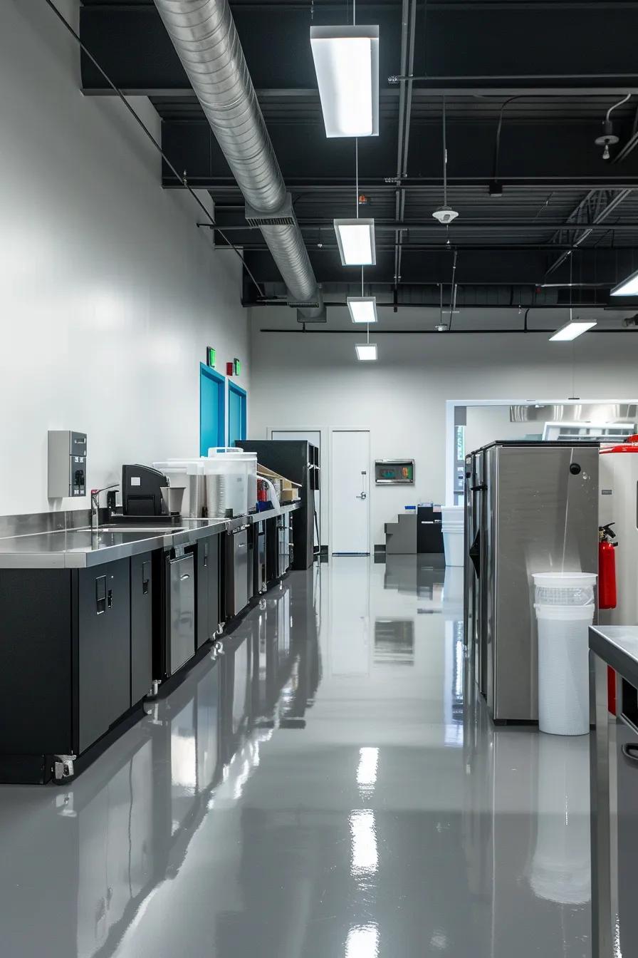 a sleek, modern roofing workshop displays advanced sealants, reinforced fabrics, and cool roof coatings neatly arranged on stainless steel tables, showcasing innovative technologies that revolutionize roof repairs in a high-tech urban environment.