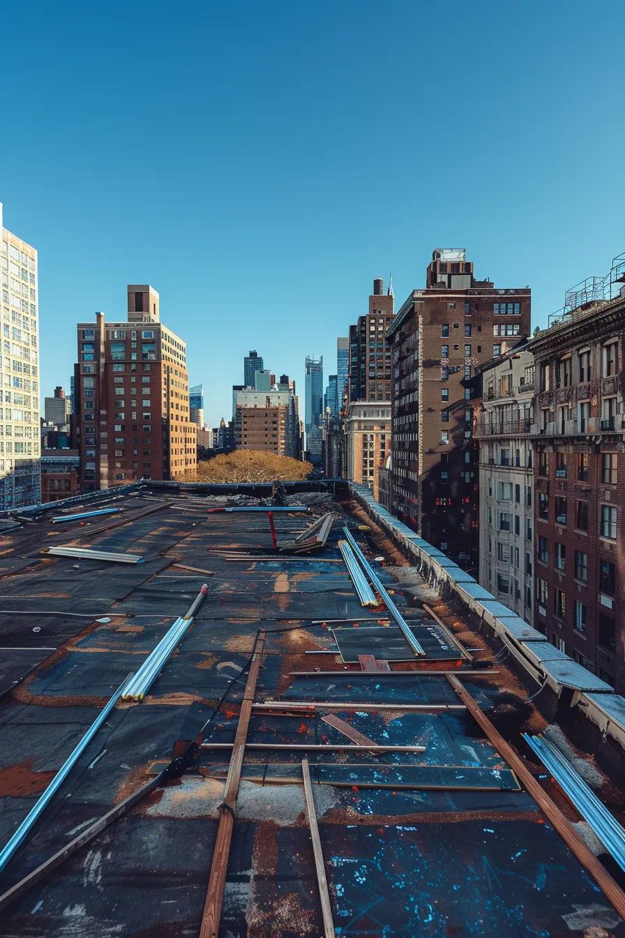 an urban rooftop in the midst of a professional repair, showcasing a skilled contractor meticulously applying durable materials under a clear blue sky, emphasizing the importance of quality installation and maintenance for lasting roof integrity.