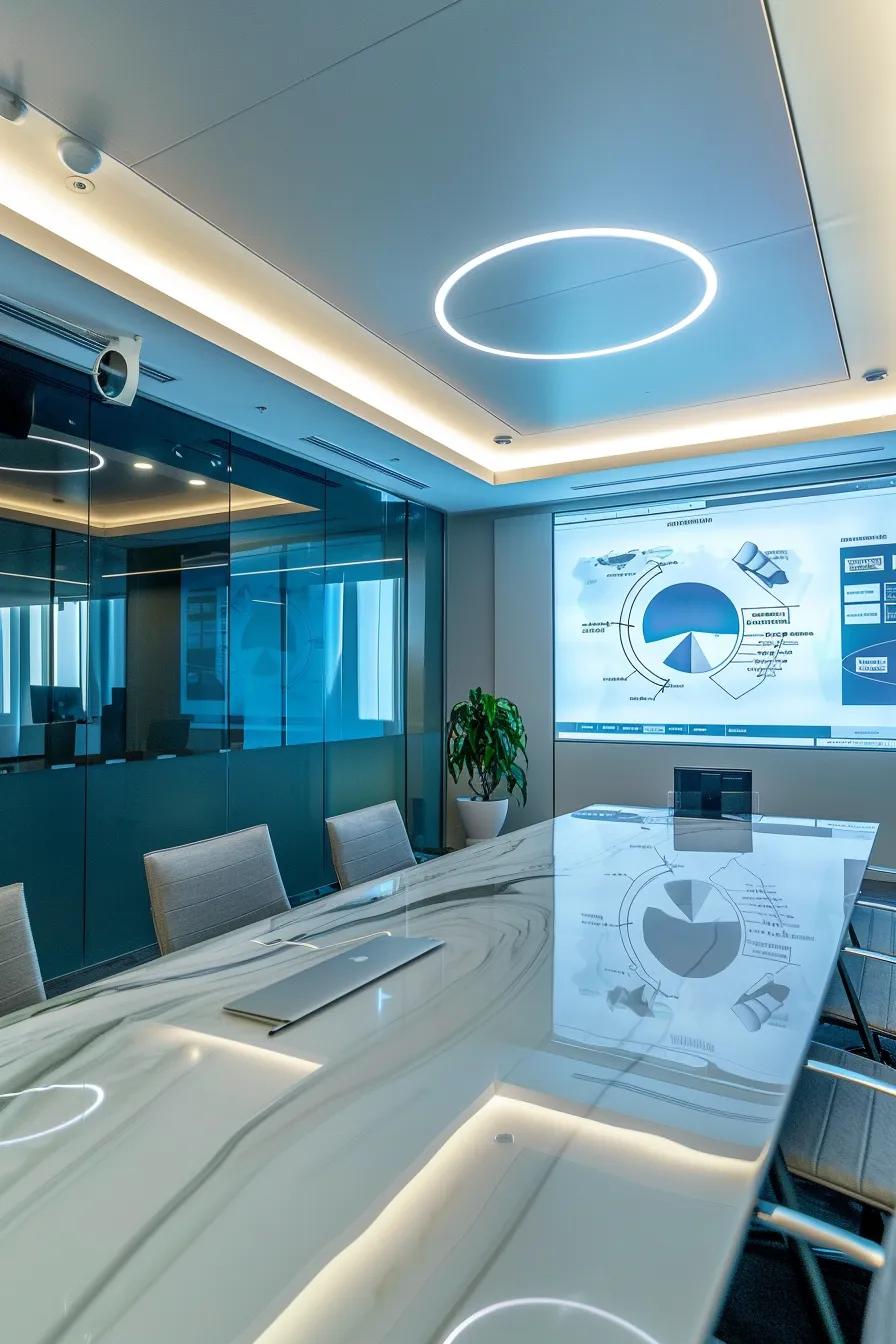 a modern and sleek office space features a large digital screen displaying interactive diagrams and cost calculators for roof repairs, set against a backdrop of clean, blue and white tones, emphasizing clarity and professionalism in understanding home maintenance expenses.
