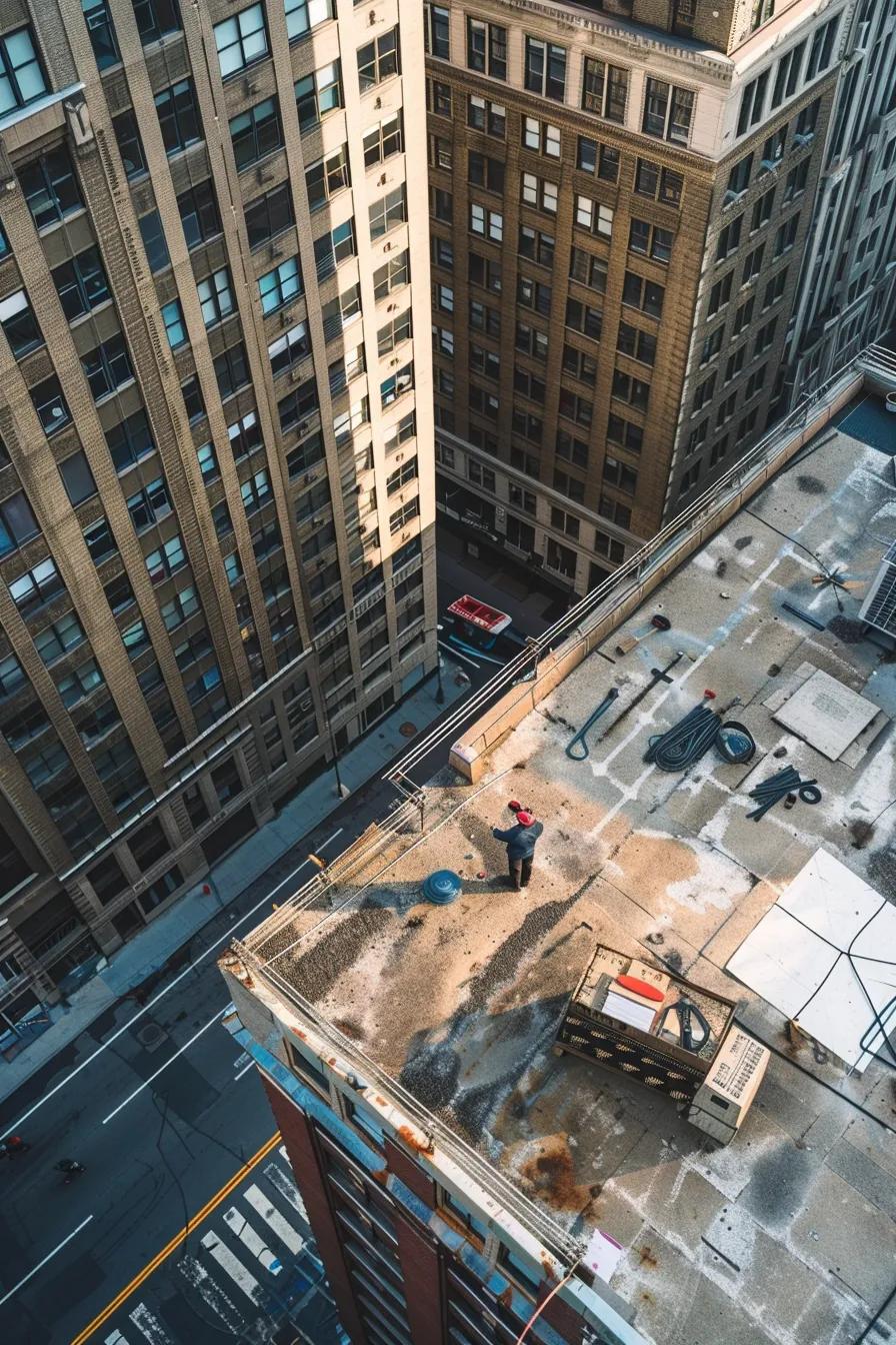a modern urban rooftop scene showcases a professional repair team meticulously assessing a weathered roof, juxtaposed with a diy toolbox on the adjacent side, all captured in crisp detail with a clean color palette of blues and whites, emphasizing the debate between expert services and do-it-yourself solutions.