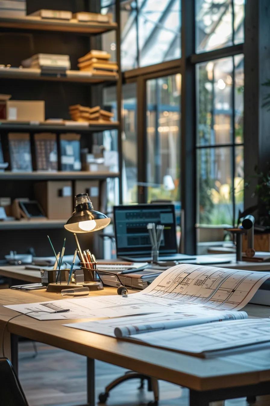 a sleek, modern office space showcases a well-organized architect's desk with detailed roof repair plans spread out, illuminated by soft, natural lighting, emphasizing strategic planning and professionalism in home maintenance.