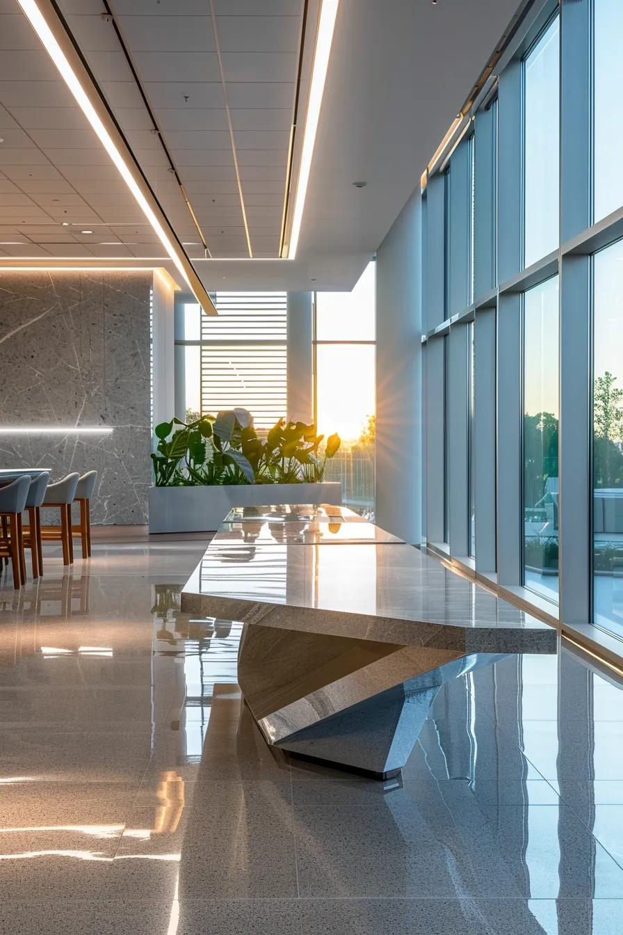 a sleek, modern office space showcases a large table displaying various durable roofing materials, illuminated by soft natural light filtering through floor-to-ceiling windows, emphasizing the clean lines and professional atmosphere.