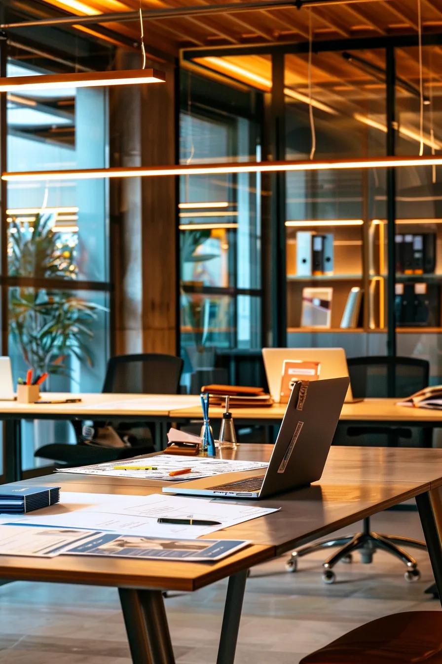 a sleek, modern office setting features a polished conference table with architectural plans and materials laid out next to a laptop, showcasing a professional discussion on the long-term costs and benefits of diy versus expert roof repairs, illuminated by soft, ambient lighting.