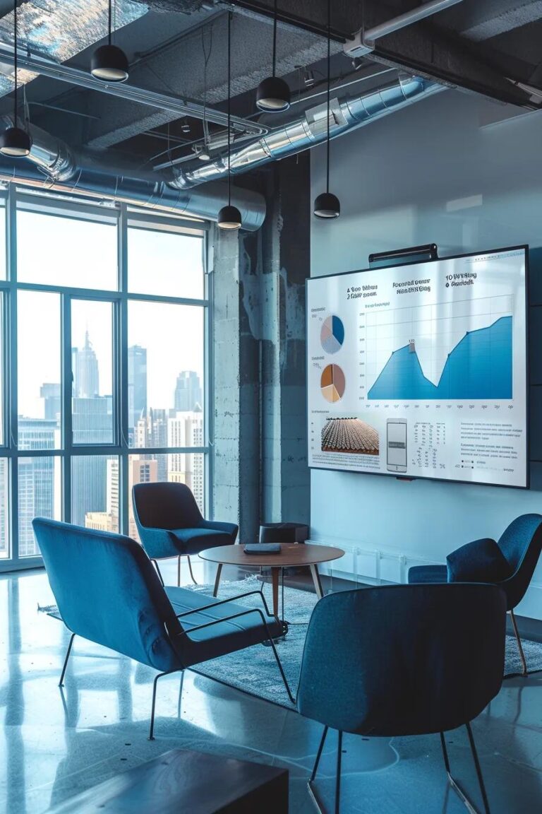 a sleek urban office setting showcases a vivid comparison chart on a large digital screen highlighting roof repair costs versus diy savings, surrounded by minimalist furniture and a clean color palette of blues and whites, with soft, diffused lighting creating a professional atmosphere.