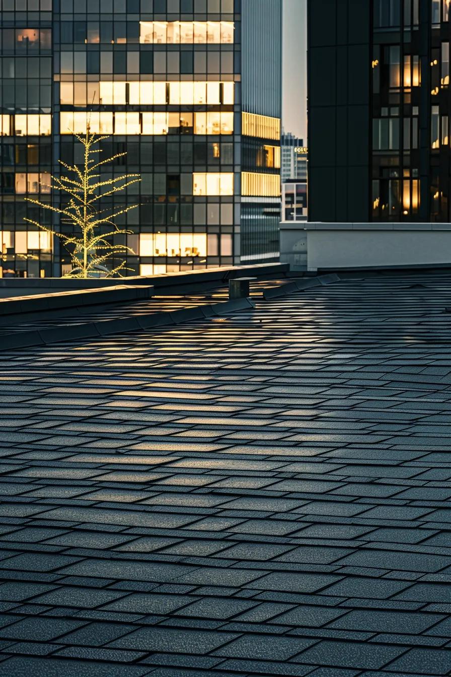 a sleek urban rooftop showcasing a contrast of diverse roofing materials, including asphalt shingles and elegant metal tiles, bathed in soft, neutral-toned lighting to emphasize the varying styles and textures, all captured in crisp detail with a professional architectural focus.