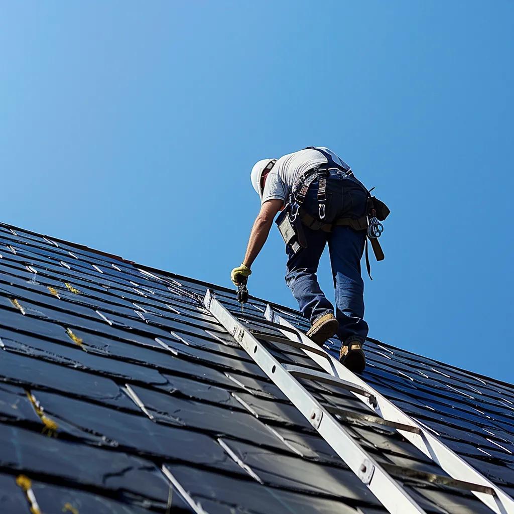 Professional roofer inspecting a roof for leaks with tools and safety equipment