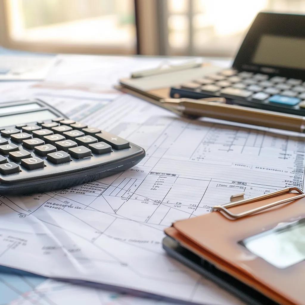 Close-up of roofing cost estimate document with calculator and notepad