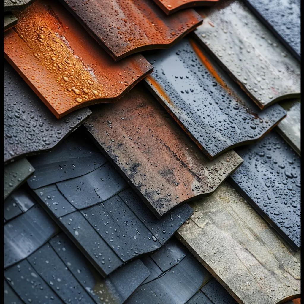 Close-up of roofing materials including asphalt shingles and metal panels, illustrating minor roof repair options
