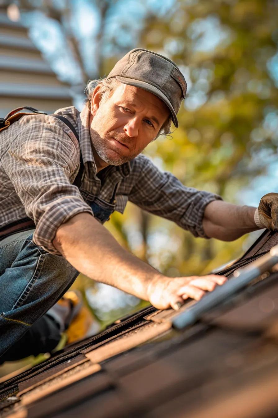 a detailed view of a professional roofer inspecting a damaged roof under soft, diffused lighting, showcasing various tools and materials, against a backdrop of a modern urban home structure, emphasizing the complexity and considerations in roof leak repairs.
