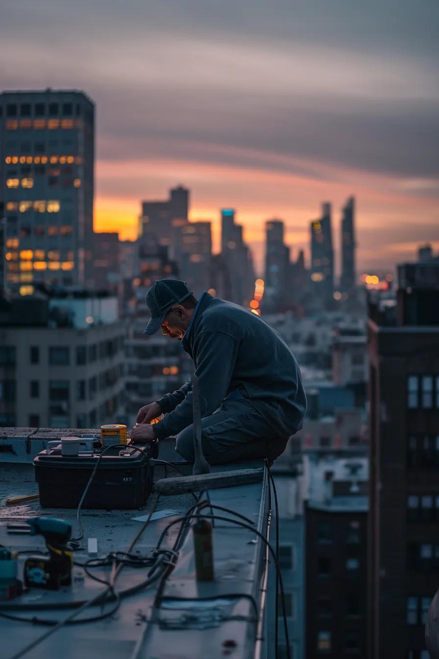 a modern urban rooftop with a professional inspector meticulously reviewing roof repairs, surrounded by technical tools and equipment under soft artificial lighting, set against a clean backdrop of skyline buildings in crisp focus and a neutral color palette.