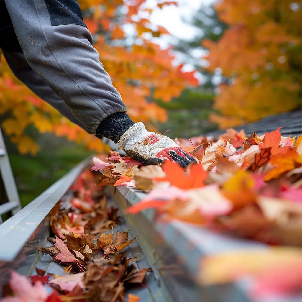 Person cleaning gutters in fall surrounded by autumn leaves