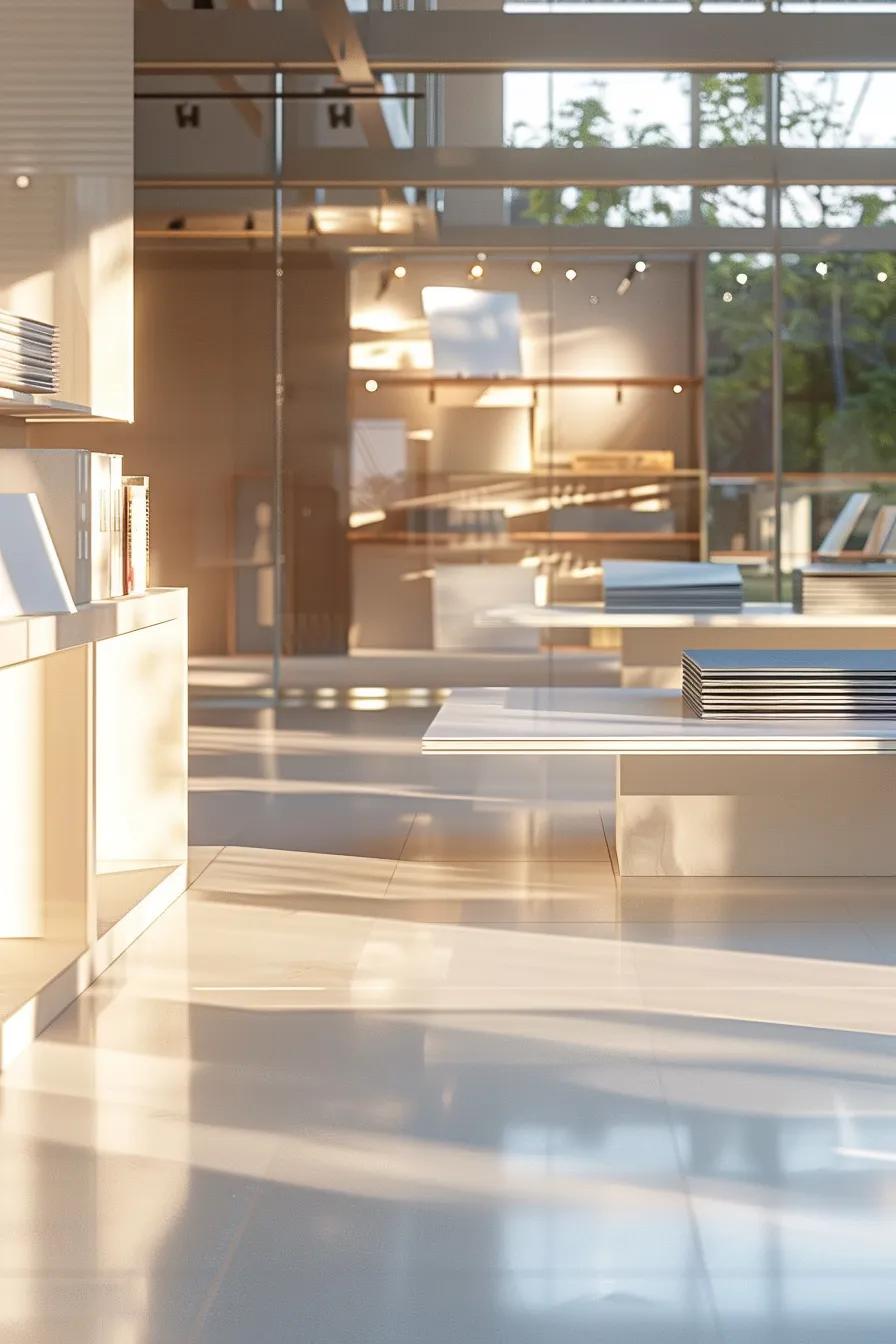 a photorealistic architectural rendering of a modern office interior showcasing various high-quality roofing materials displayed on sleek, minimalist surfaces, illuminated by soft lighting and featuring a clean color palette of blues and whites, with crisp focus emphasizing the textures and details of the materials.