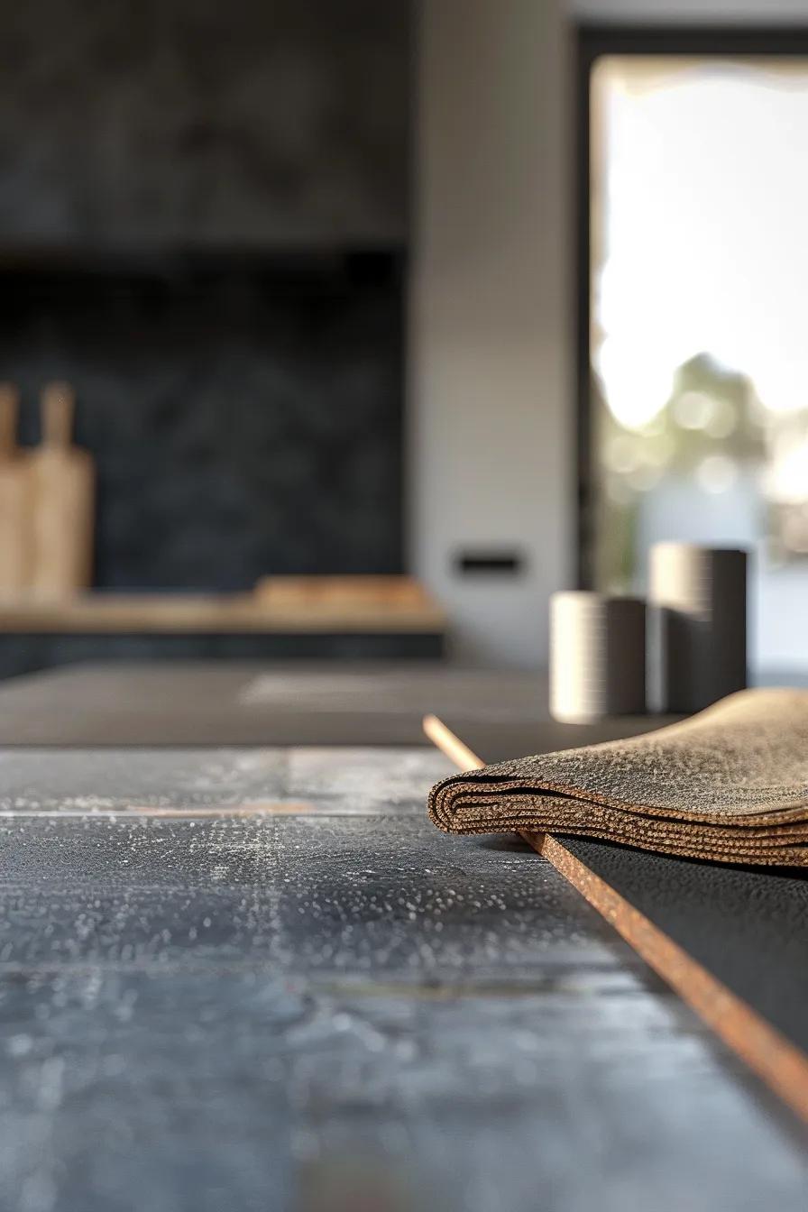 a photorealistic close-up of high-quality roofing materials, including sealants and patching membranes, displayed on a sleek workbench against a minimalist urban backdrop, with soft lighting enhancing the textures and colors of the products for a professional, technical perspective.