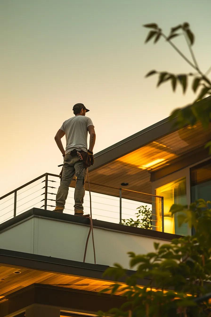 a professional roofer meticulously inspects a modern home’s roof under soft, diffused lighting, showcasing detailed tools and materials that emphasize the commitment to thorough diagnostics and durable repairs.