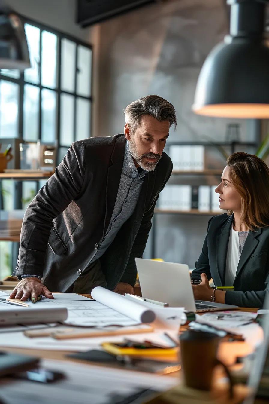 a sleek, modern office environment featuring a professional discussing a detailed roof repair cost analysis with a client, complemented by crisp architectural blueprints and tools on a polished desk, all captured in photorealistic clarity and soft natural lighting.