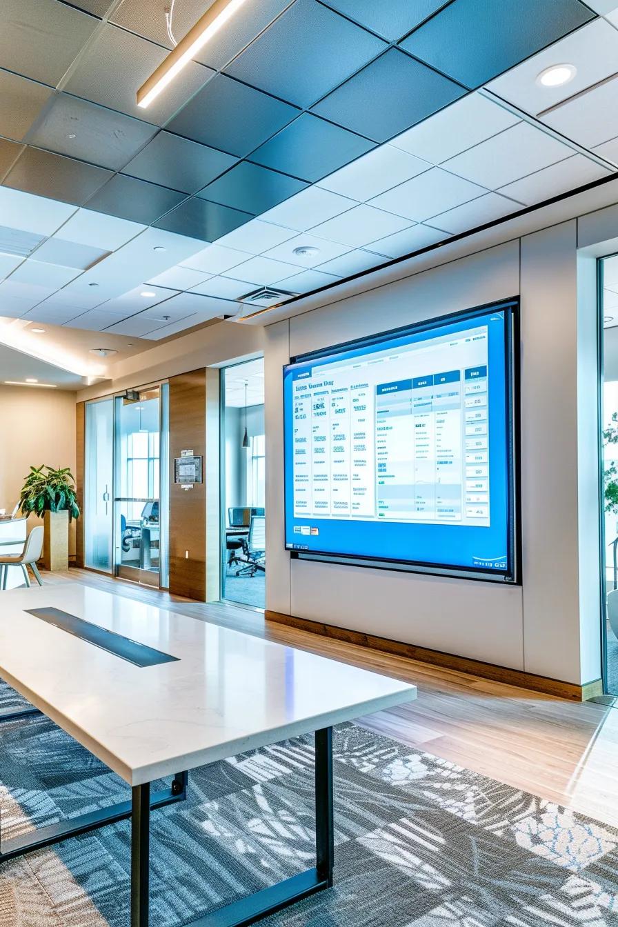 a sleek, modern office space features a large digital screen displaying a roof inspection report alongside various repair quotes, with a minimalistic desk and soft blue and white tones setting a professional atmosphere for homeowners exploring financial options for roof leak repairs.