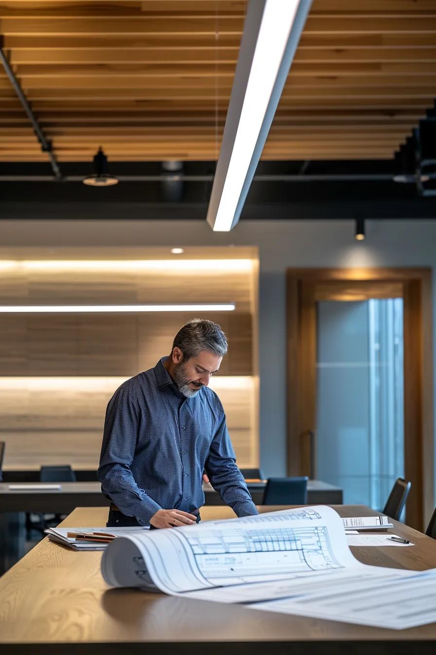 a sleek, modern office space features an architect reviewing detailed blueprints for affordable roof repair services, illuminated by soft lighting that highlights the clean lines and neutral color palette of blues and whites.