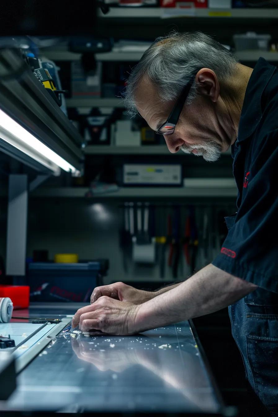 a well-organized workshop space showcases a professional technician meticulously applying leak repair materials on a sleek surface, bathed in soft natural lighting that highlights the tools and materials, emphasizing the precision required for successful repairs.