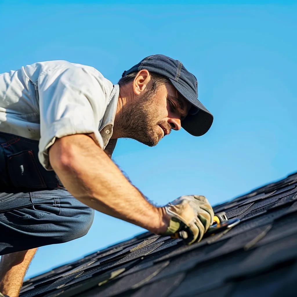 Professional roofer inspecting a residential roof, emphasizing affordable roof repair services