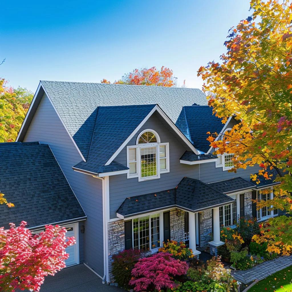 Seasonal roof maintenance with a picturesque home under clear skies