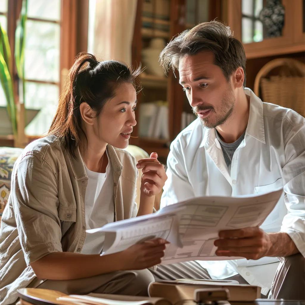 Homeowner discussing roof repair options with an insurance agent in a cozy living room