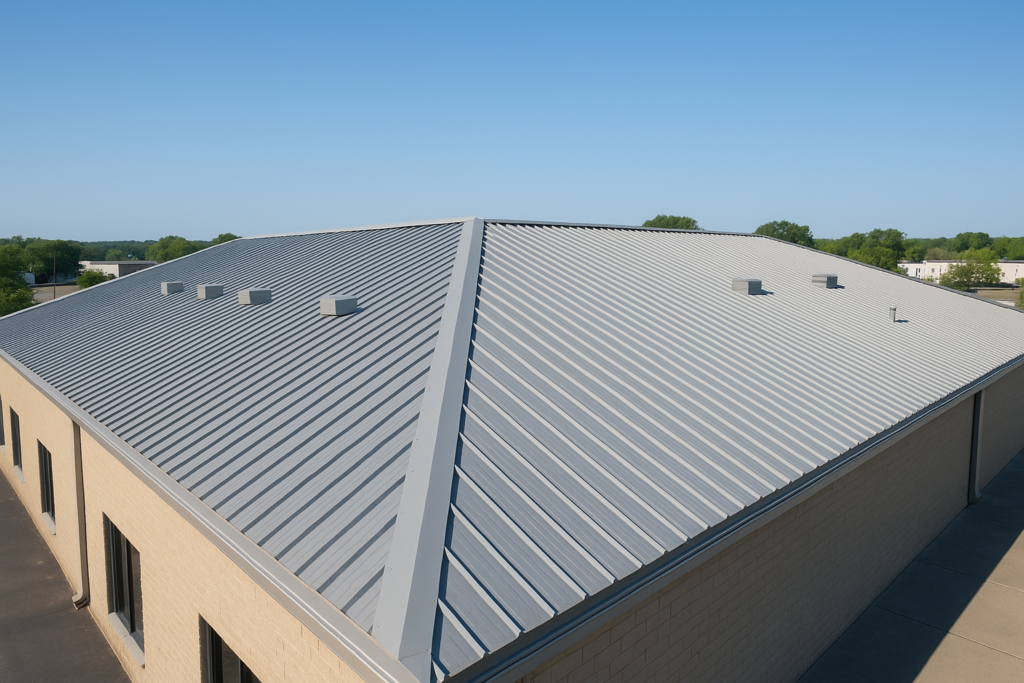 A bird's-eye view of a large commercial building with a newly installed metal roof under a clear blue sky