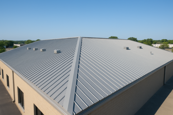 A bird's-eye view of a large commercial building with a newly installed metal roof under a clear blue sky