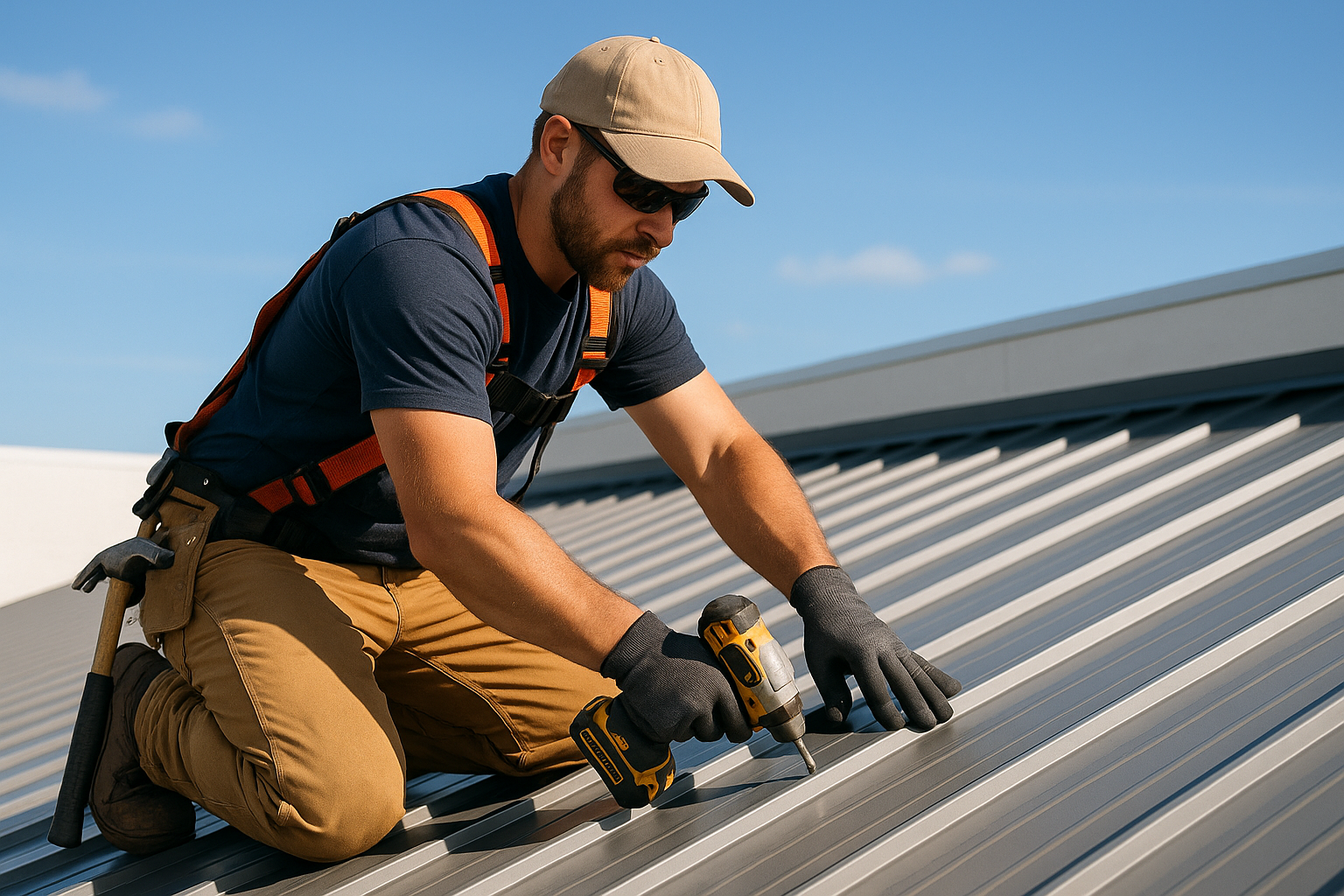 A professional roofer installing a metal panel roof on a commercial building on a bright sunny day