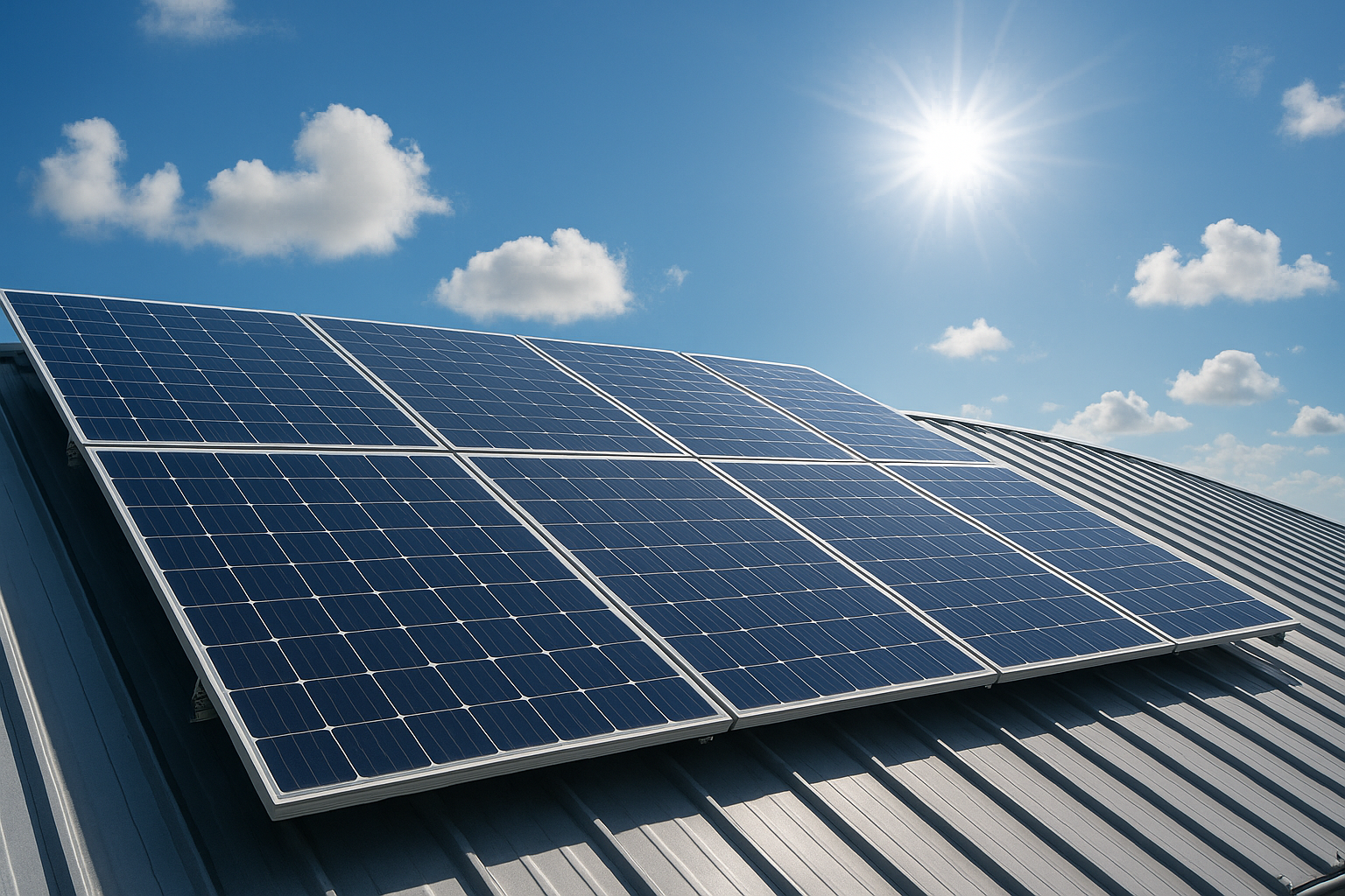 Close-up of solar panels installed on a metal roof with a backdrop of a sunny sky